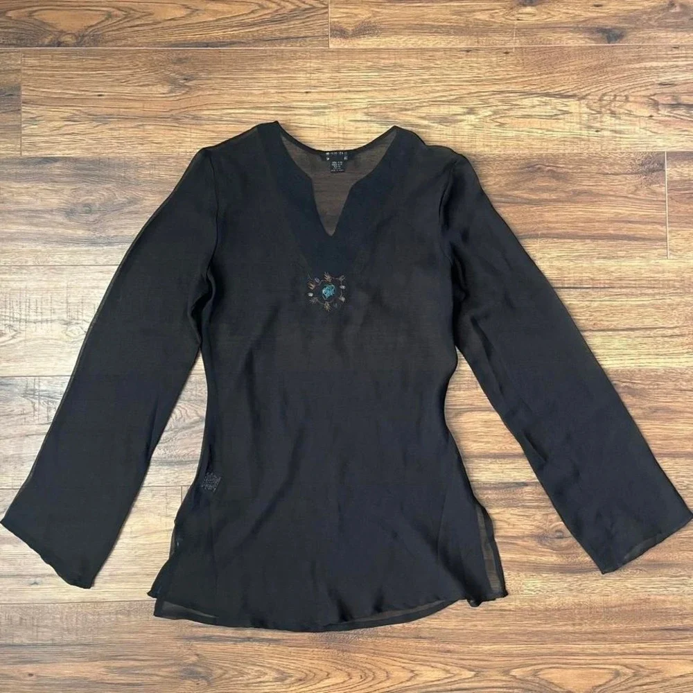 Sirens Y2K Sheer Black Beaded Blouse Women Small Fairy Boho Whimsygoth Going Out - Picture 7 of 8